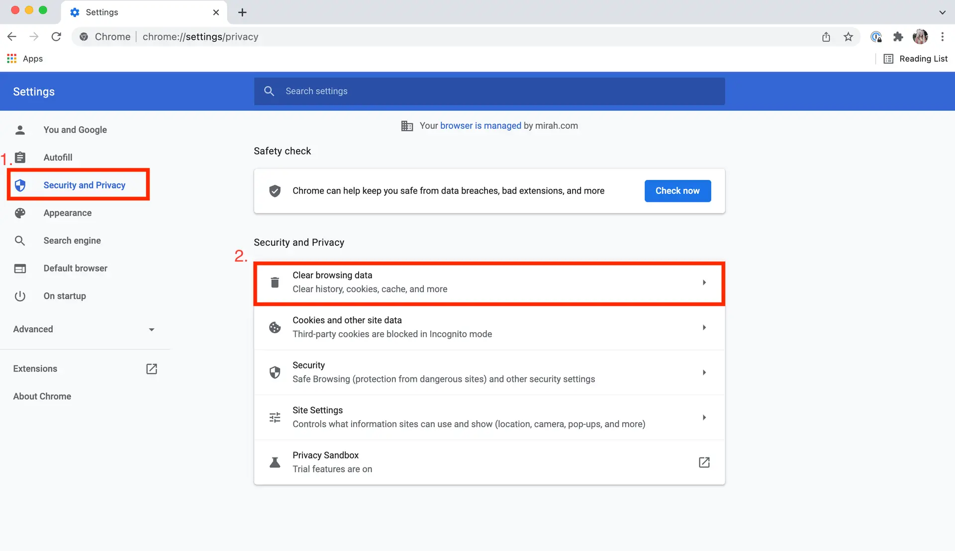 Chrome Settings Security and Privacy page showing options to clear browsing data and manage cookies.