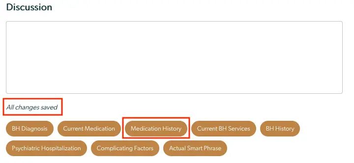 Mirah Collaborative Care Discussion section with text area and medication history button highlighted