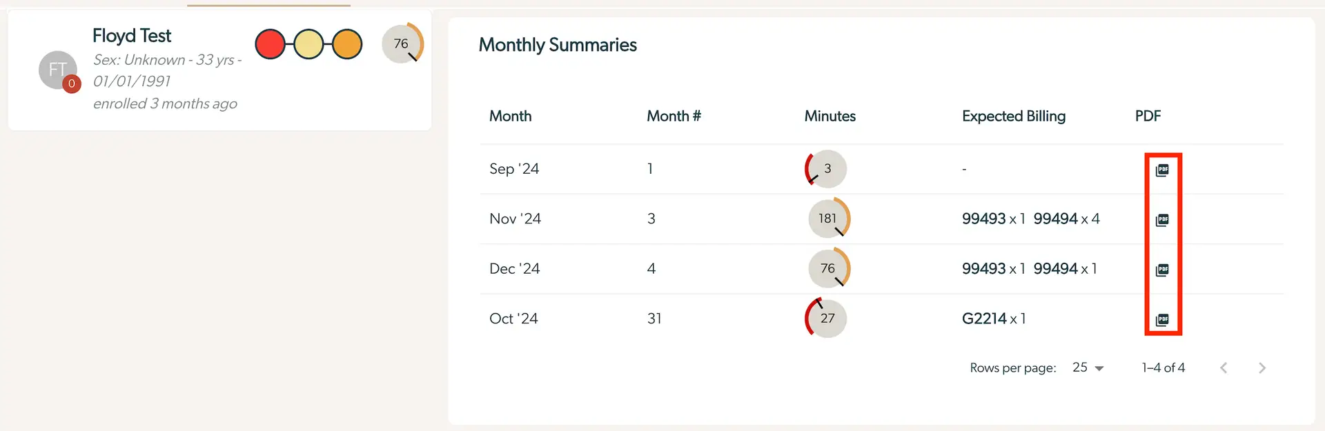 Mirah Collaborative Care Monthly Summaries for Floyd Test showing report download options.