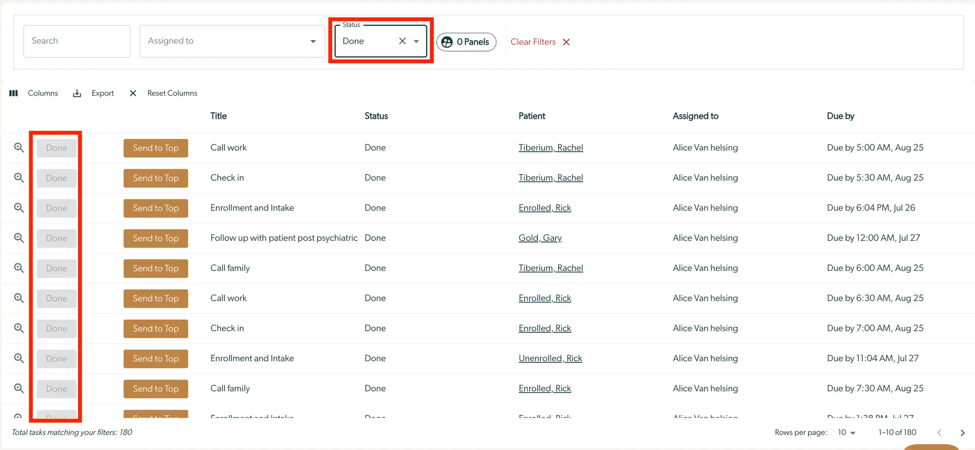 Mirah Collaborative Care Tasks page showing tasks with Done status