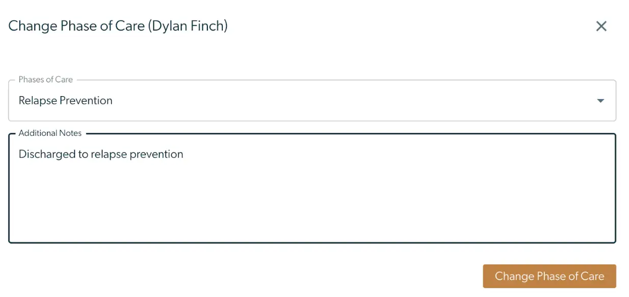 Mirah Collaborative Care Change Phase of Care screen for Dylan Finch