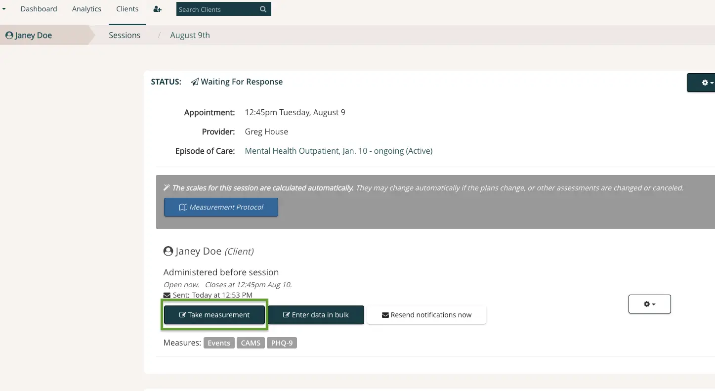 Mirah platform client session details for Janey Doe on August 9th