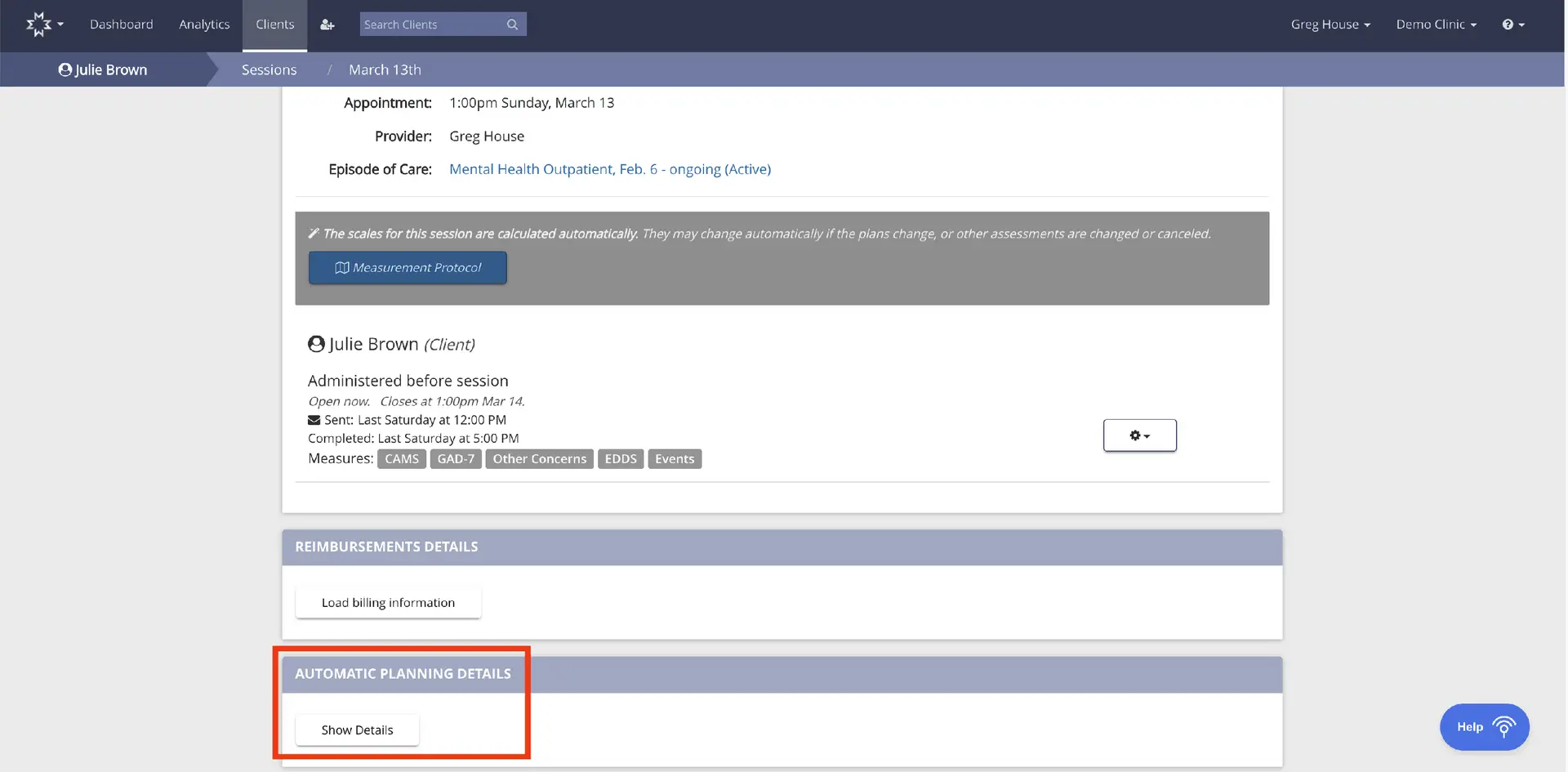 Mirah platform session details for Julie Brown on March 13th