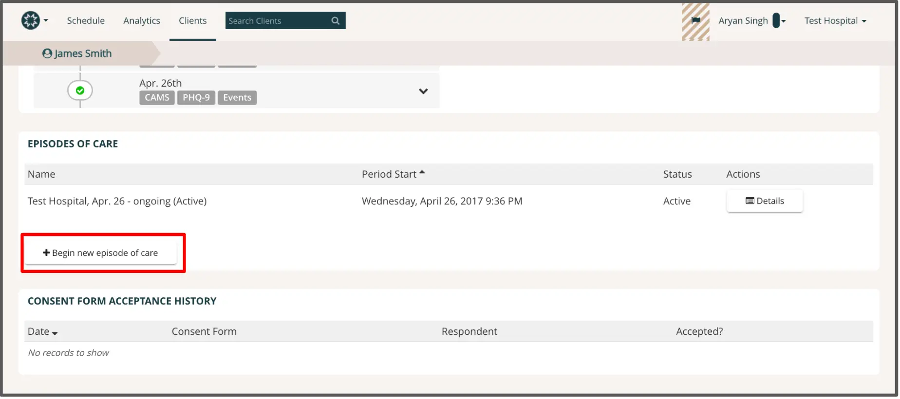 Mirah platform, Clients section, James Smith's Episodes of Care
