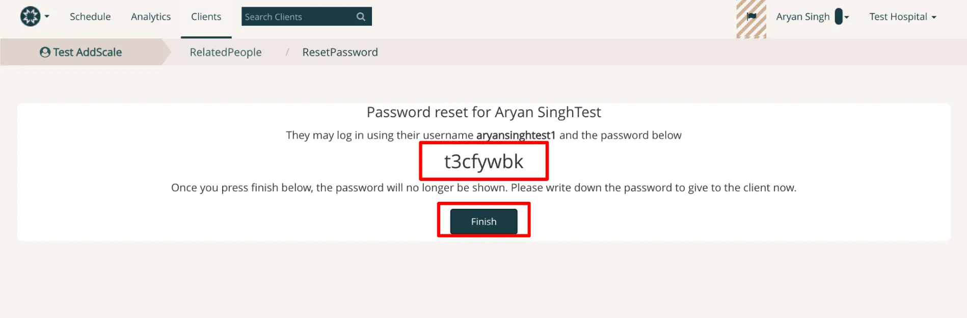 Mirah platform password reset screen for Aryan SinghTest under Clients > RelatedPeople > ResetPassword