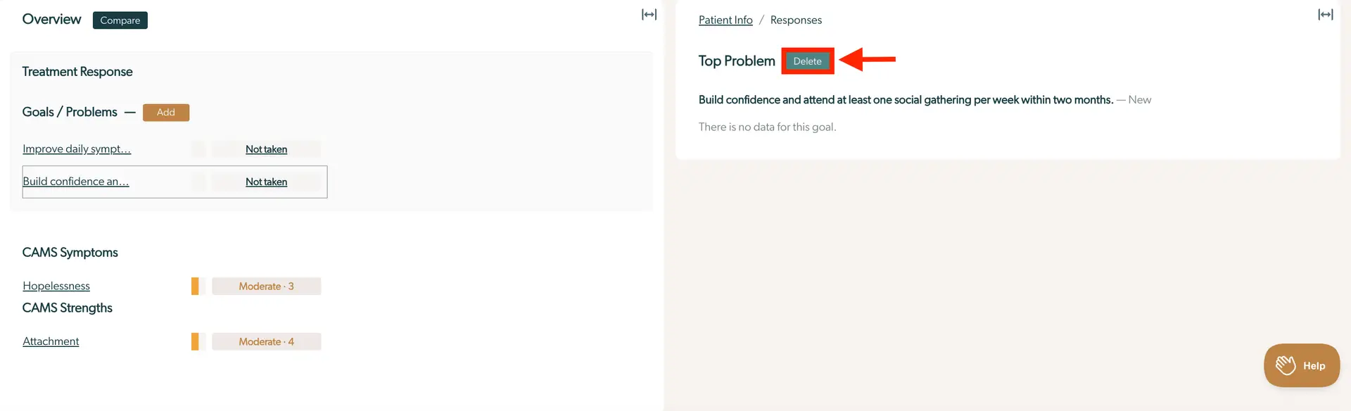 Mirah platform Goals/Top Problems feature under Patient Info Responses