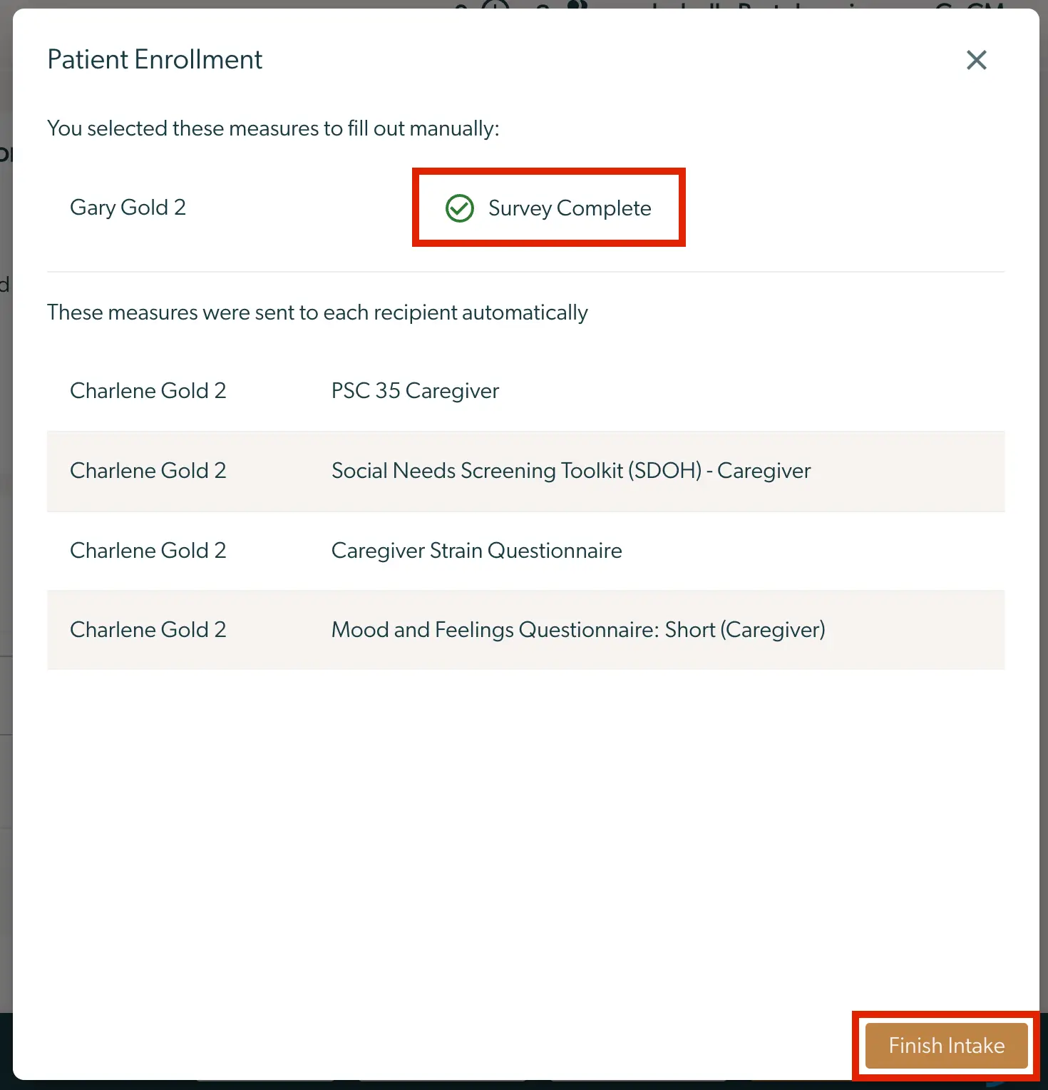 Mirah Collaborative Care Patient Enrollment screen showing manual and automatic measure assignments with a Finish Intake button.