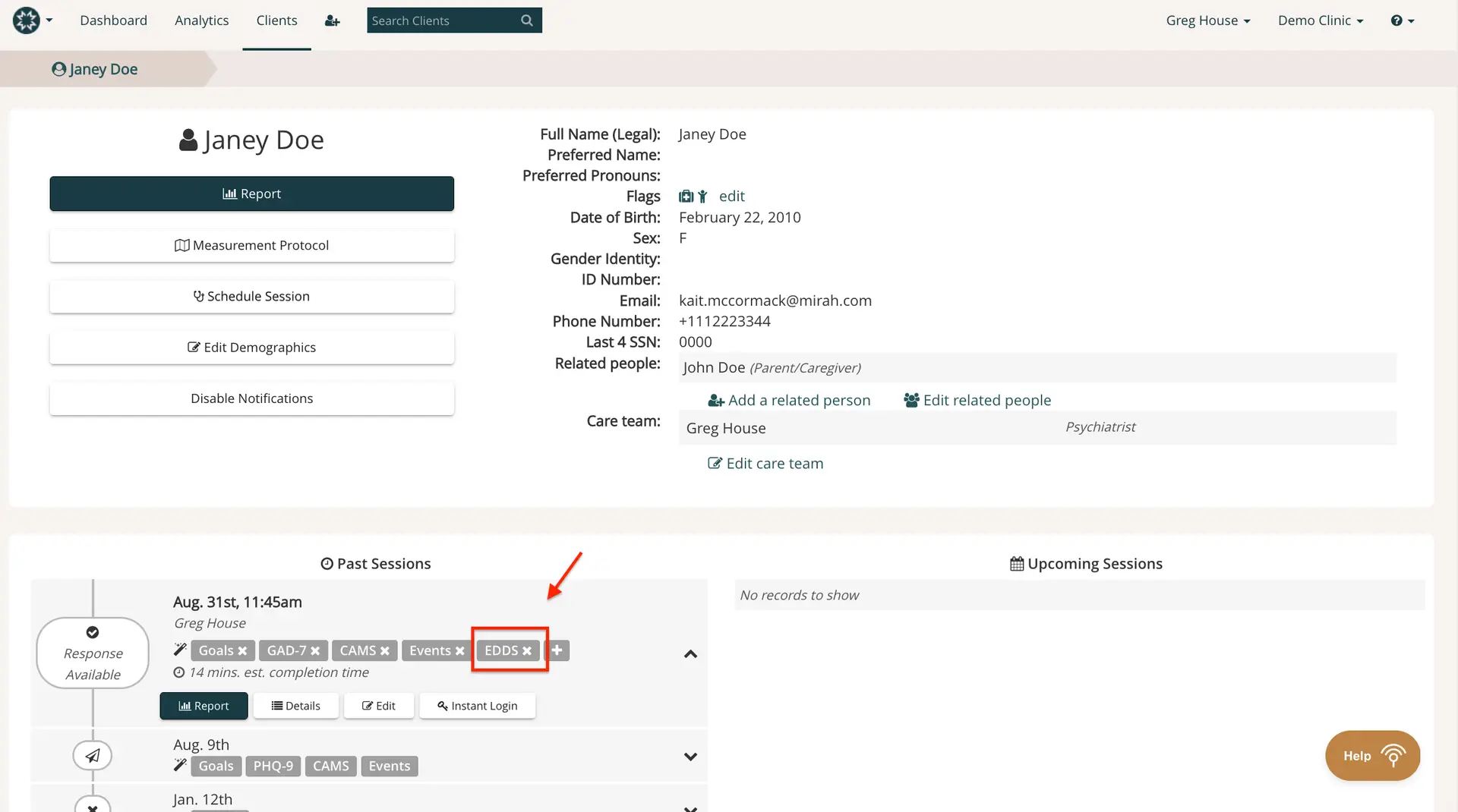 Mirah platform client profile page for Janey Doe under Clients section