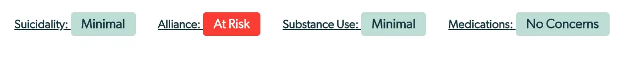 Mirah Enhanced Feedback Report showing Suicidality: Minimal, Alliance: At Risk, Substance Use: Minimal, Medications: No Concerns.
