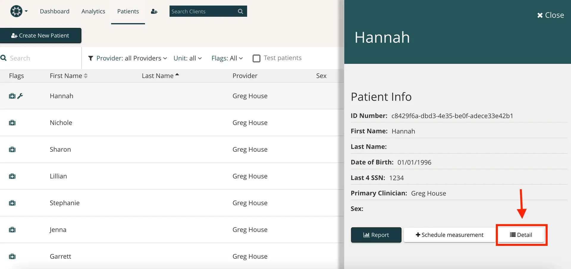 Mirah Patients section showing patient list and detailed view for patient Hannah