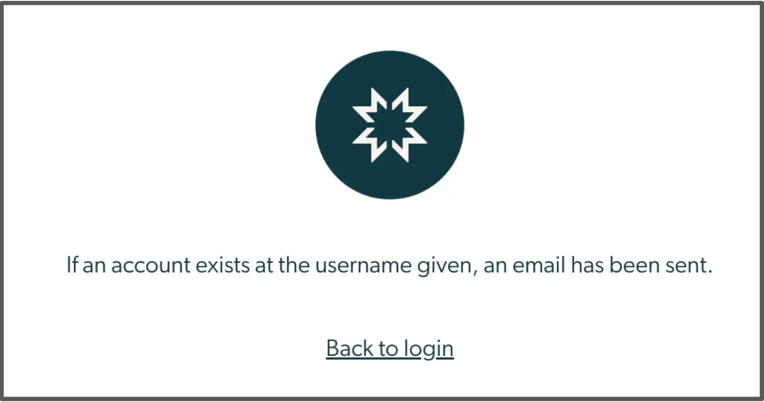 Mirah platform account confirmation screen with message about email sent if account exists and a 'Back to login' link.