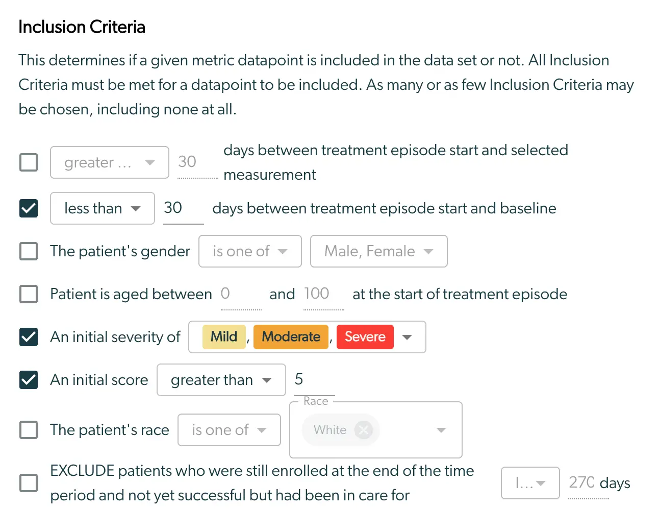 Mirah Reporting Analytics - Outcomes Framework Inclusion Criteria screen