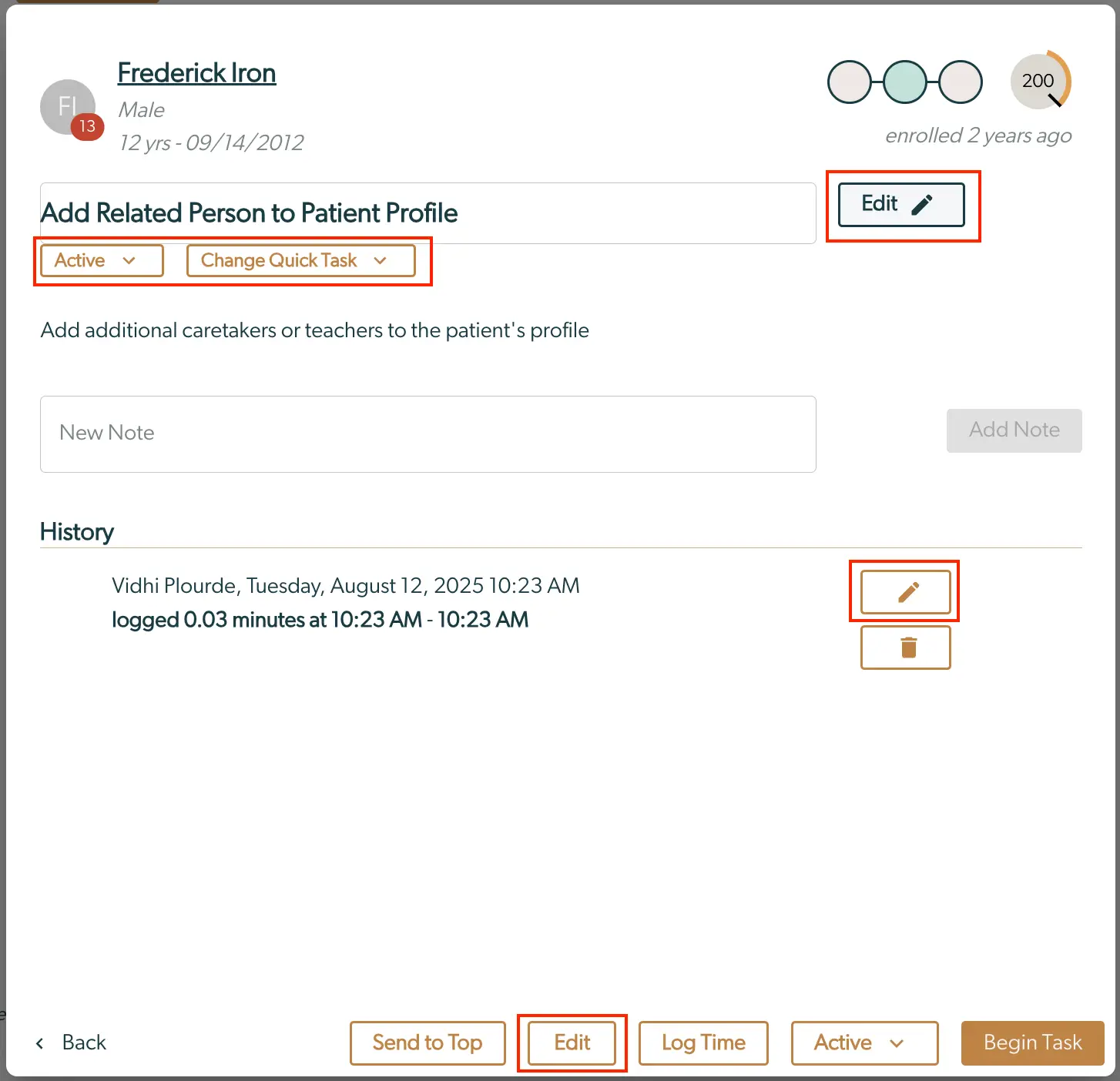 Mirah Collaborative Care Tasks - Edit Tasks screen showing patient profile and task management options.