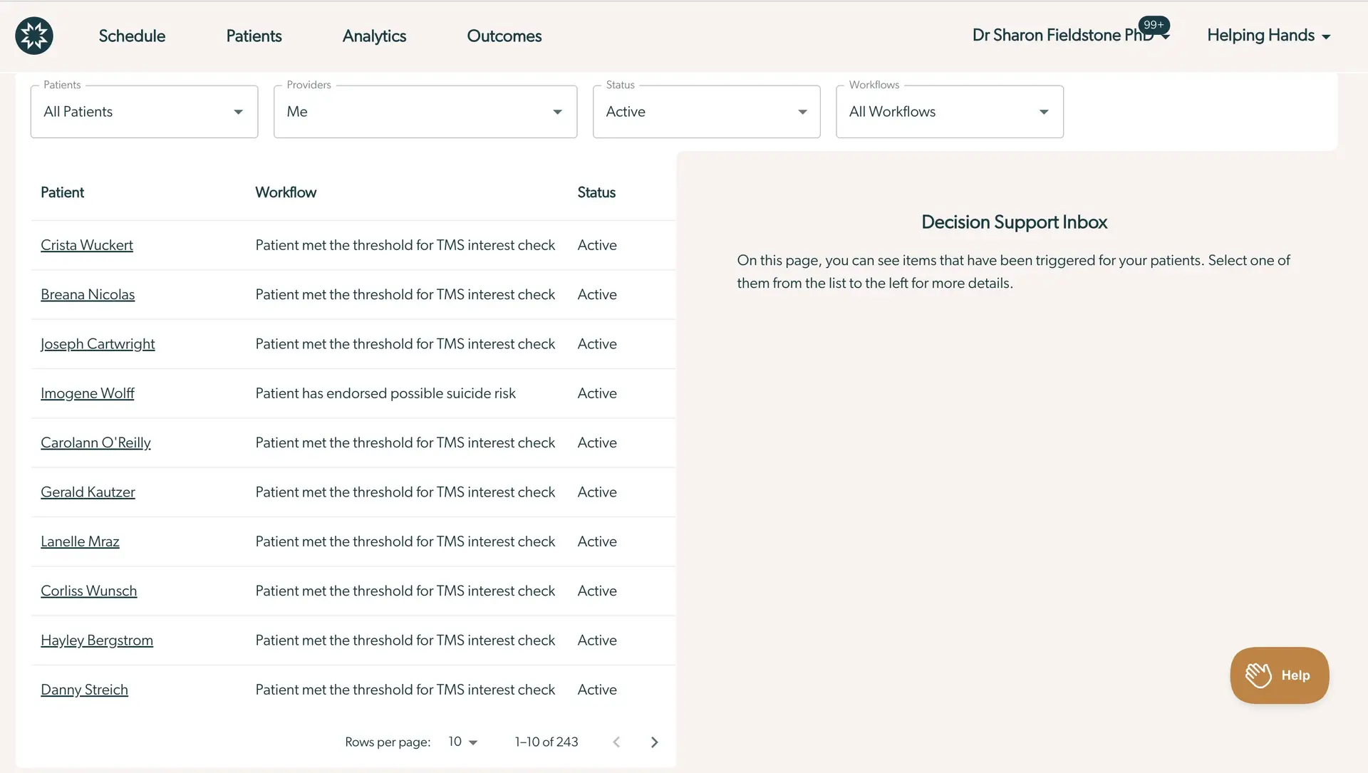 Mirah platform Decision Support Inbox page showing patient list and workflow status.