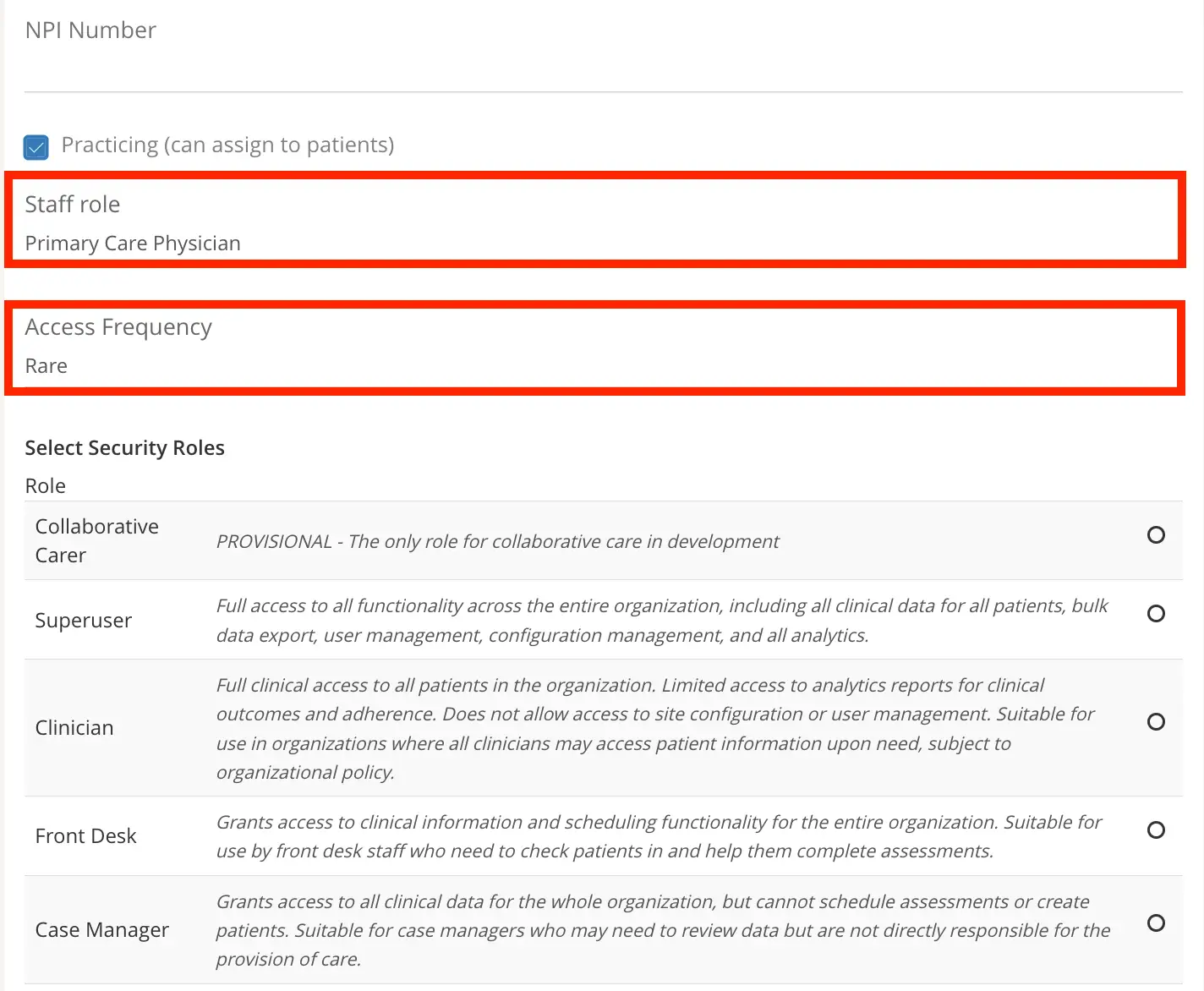 Mirah platform user management screen for creating and adding primary care physicians, showing role and access frequency settings.