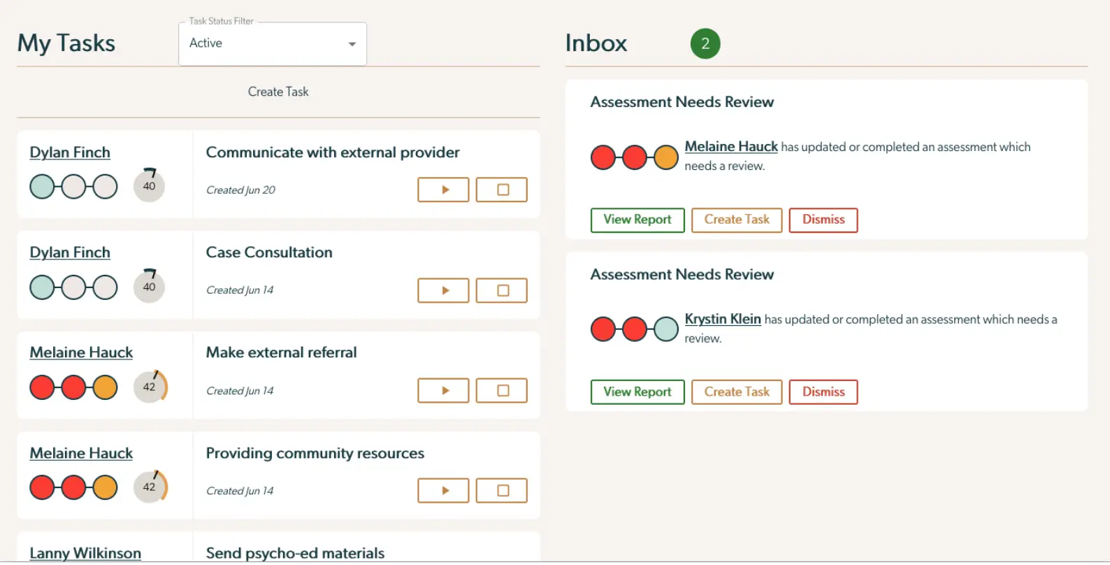 Mirah Collaborative Care Dashboard showing My Tasks and Inbox sections