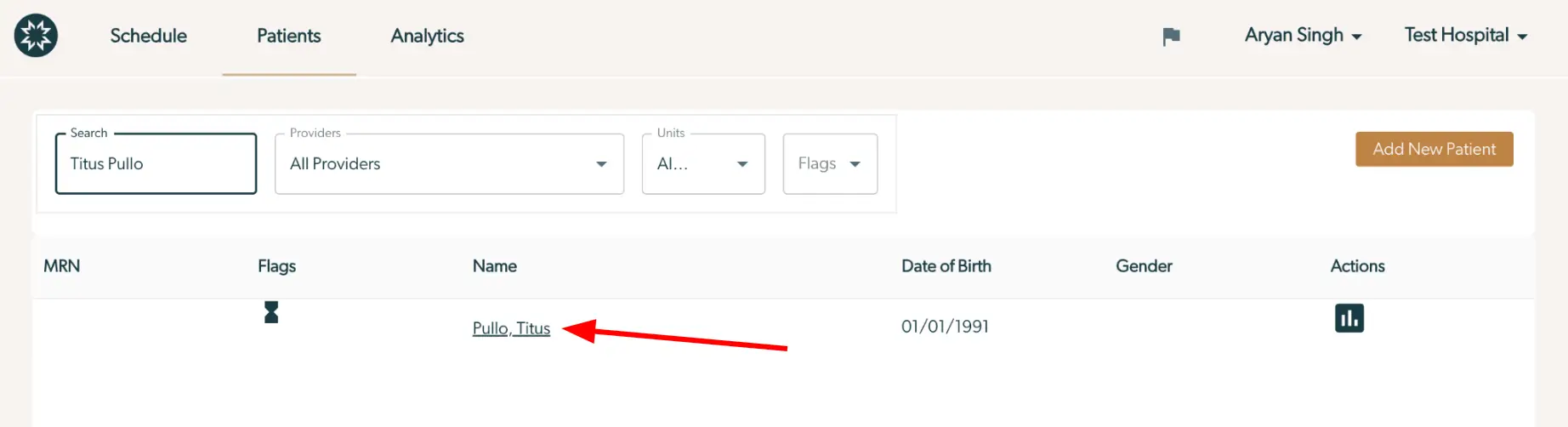 Mirah platform Patients tab showing search results for Titus Pullo