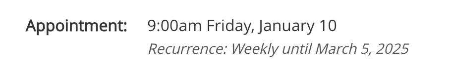 Mirah platform appointment details showing a recurring appointment set for 9:00 am Friday, January 10, with weekly recurrence until March 5, 2025.