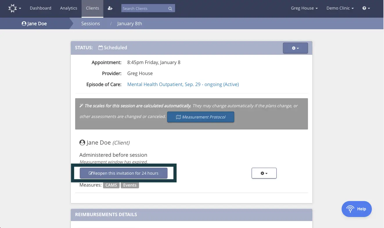 Mirah platform session details for Jane Doe on January 8th