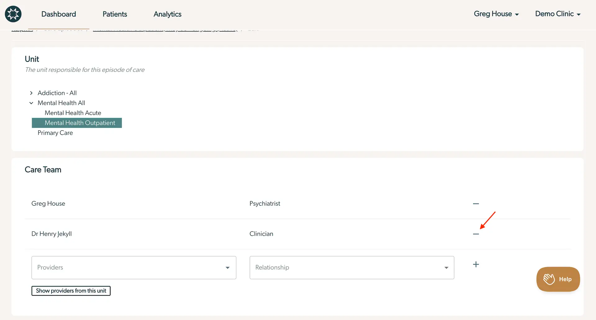 Mirah platform screenshot showing unit selection and care team management for Mental Health Outpatient