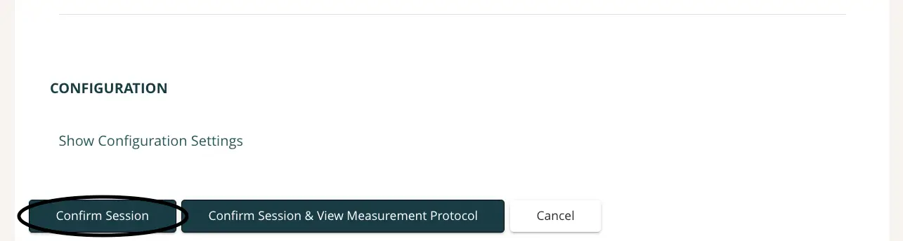 Mirah platform configuration screen for creating a manual session with options to confirm session, confirm session and view measurement protocol, or cancel.