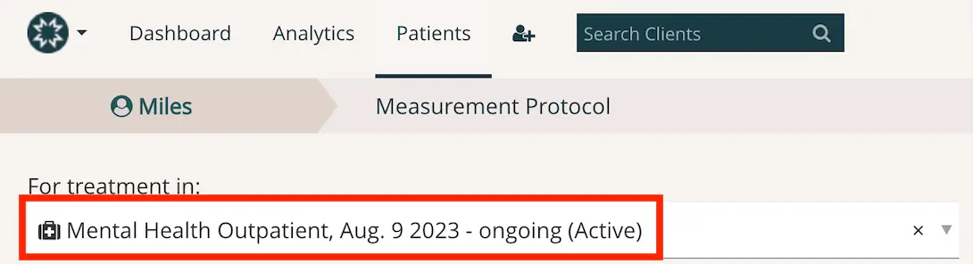 Mirah platform, Patients section, Measurement Protocol for Miles, Mental Health Outpatient treatment ongoing since August 9, 2023.