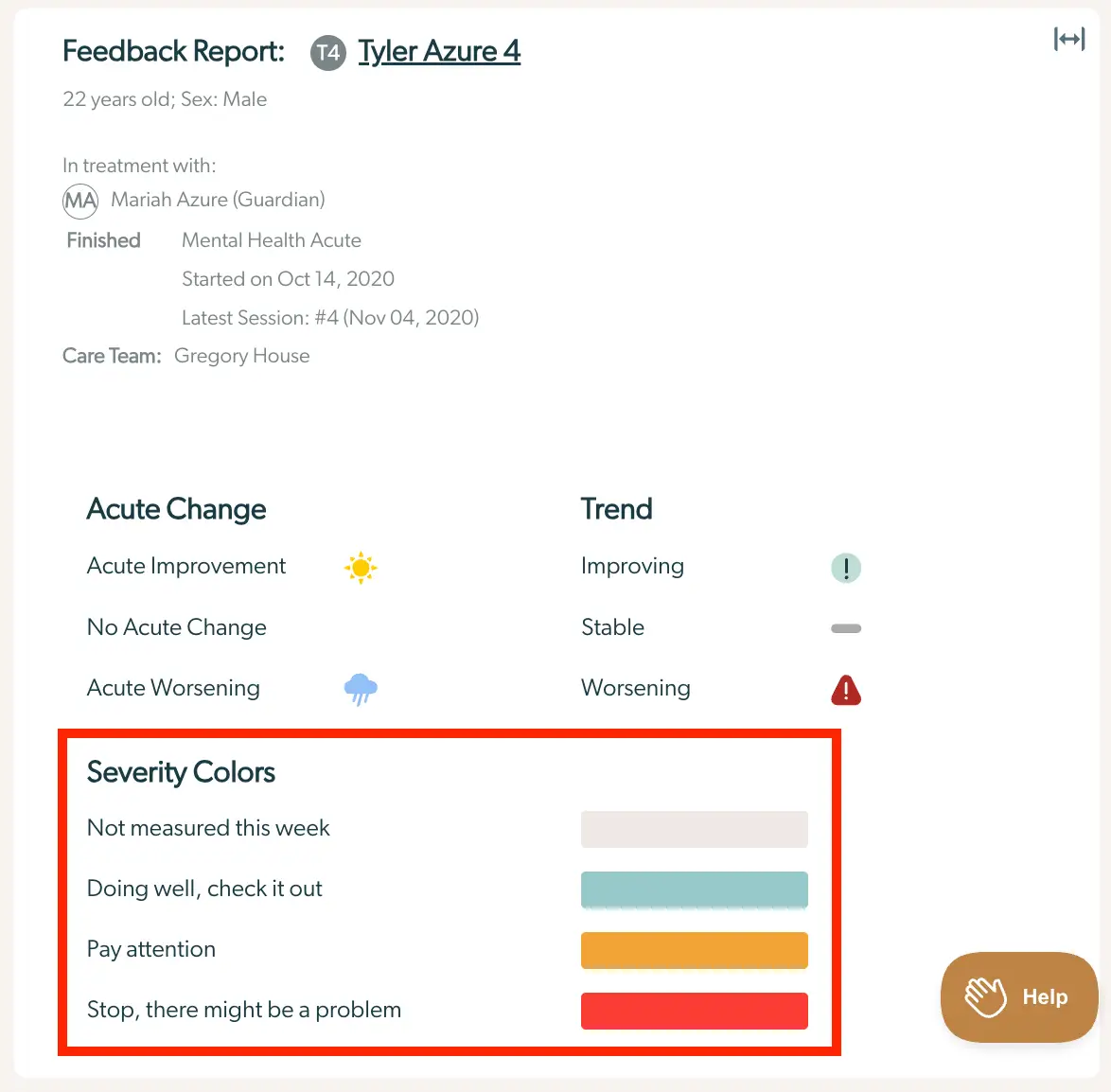 Mirah Enhanced Feedback Report for Tyler Azure, showing treatment details, acute change, trend, and severity colors legend.