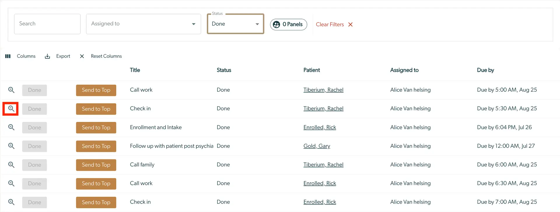 Mirah Collaborative Care Tasks screen showing task list with status Done