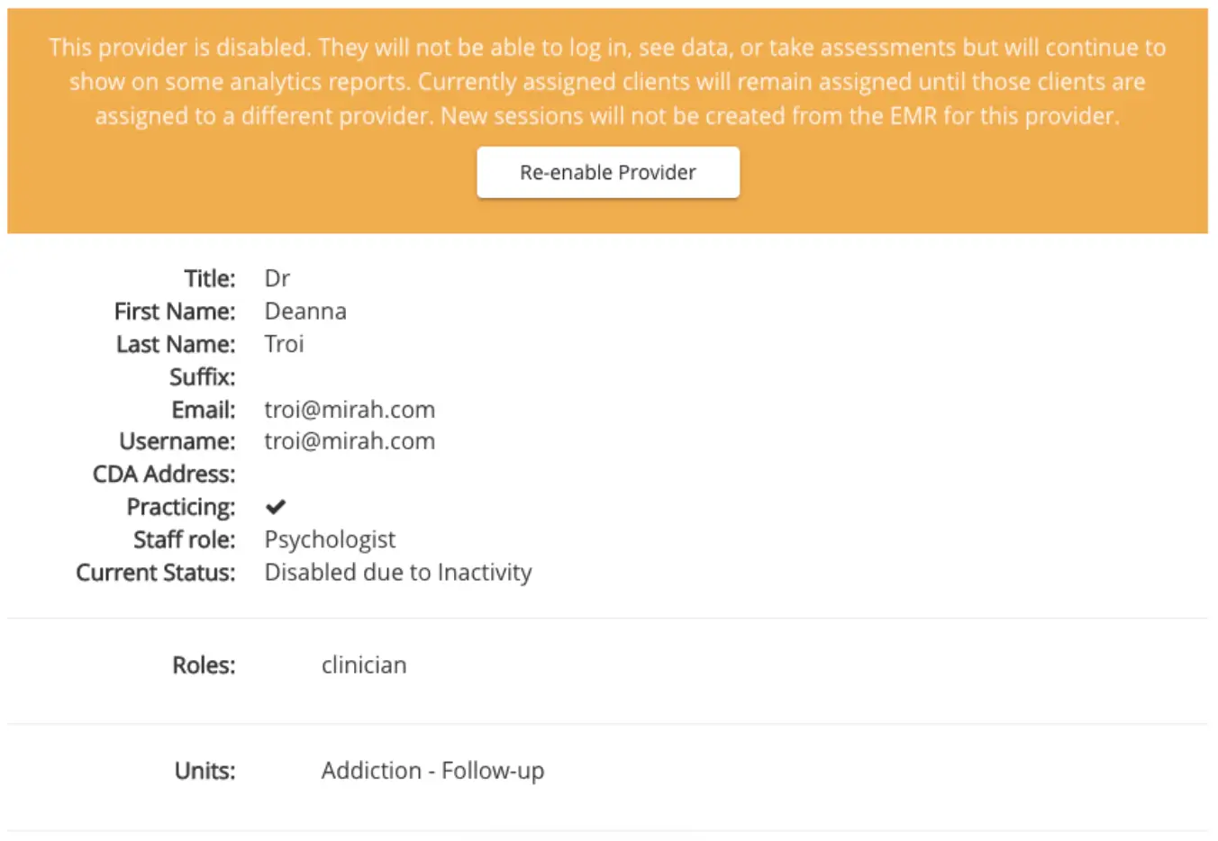 Mirah user management screen for enabling a disabled provider