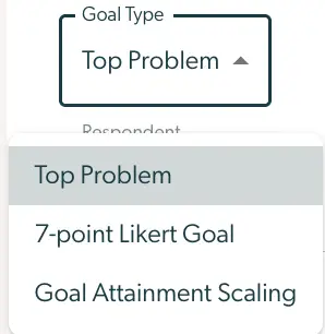 Mirah platform Goals/Top Problems feature showing goal type selection dropdown with options: Top Problem, 7-point Likert Goal, Goal Attainment Scaling.