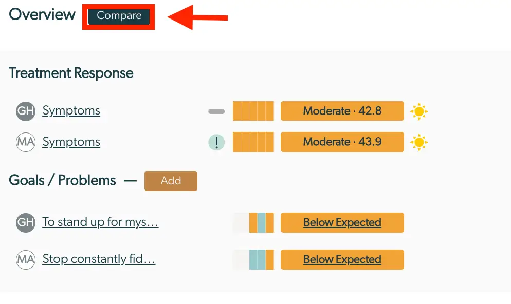 Mirah Enhanced Feedback Report Overview with Compare button and Treatment Response and Goals Problems sections