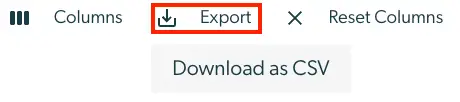 Mirah Collaborative Care Billing Insights interface with options to customize columns, export data as CSV, and reset columns.