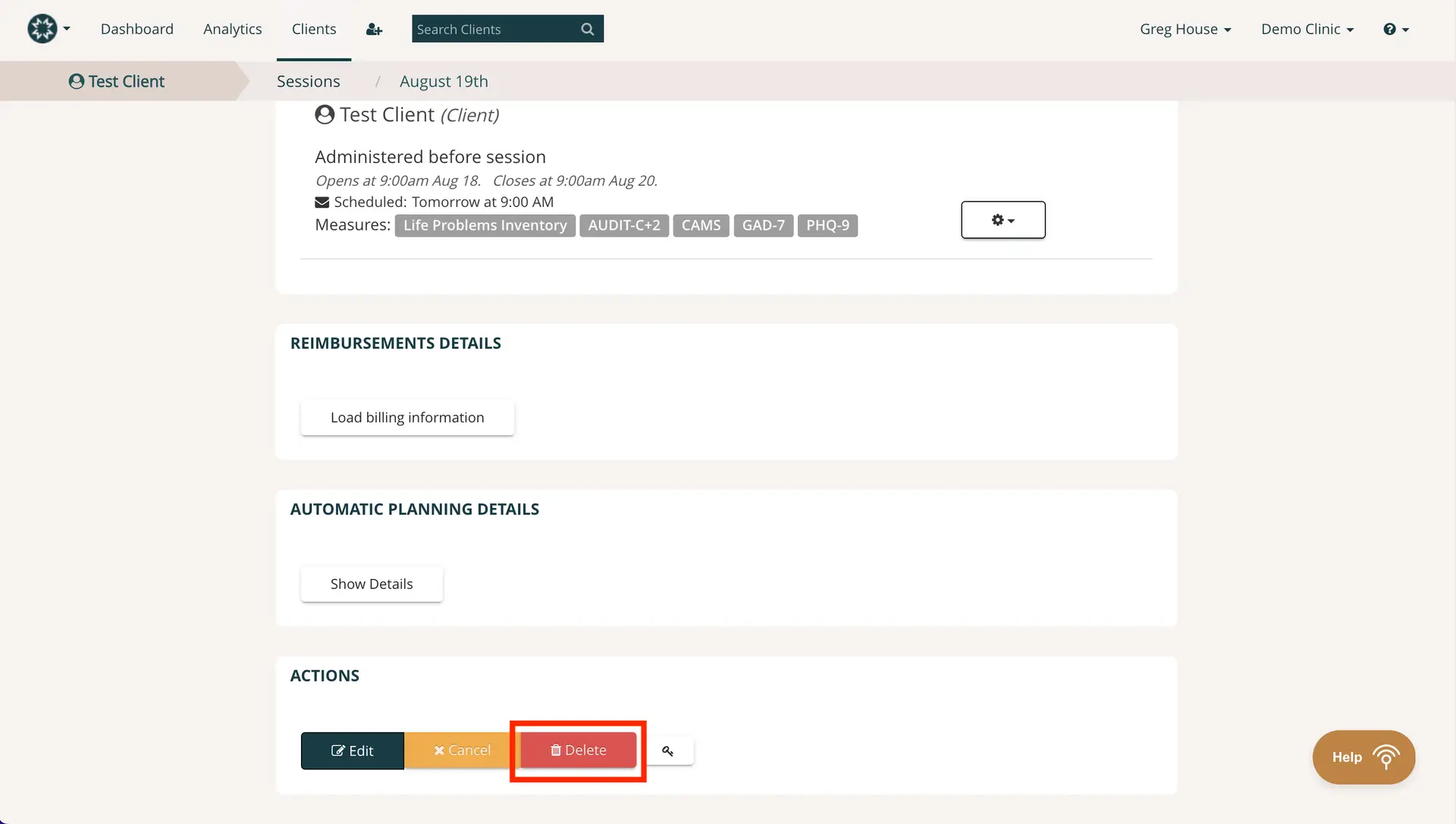 Mirah platform session management screen for Test Client on August 19th