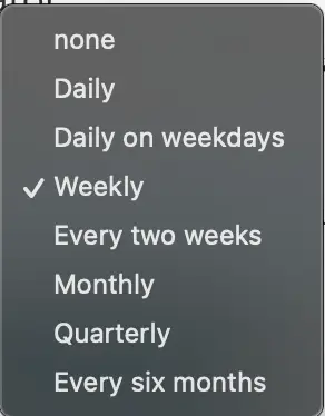 Mirah Measurement Protocol Tool frequency selection dropdown with 'Weekly' selected.