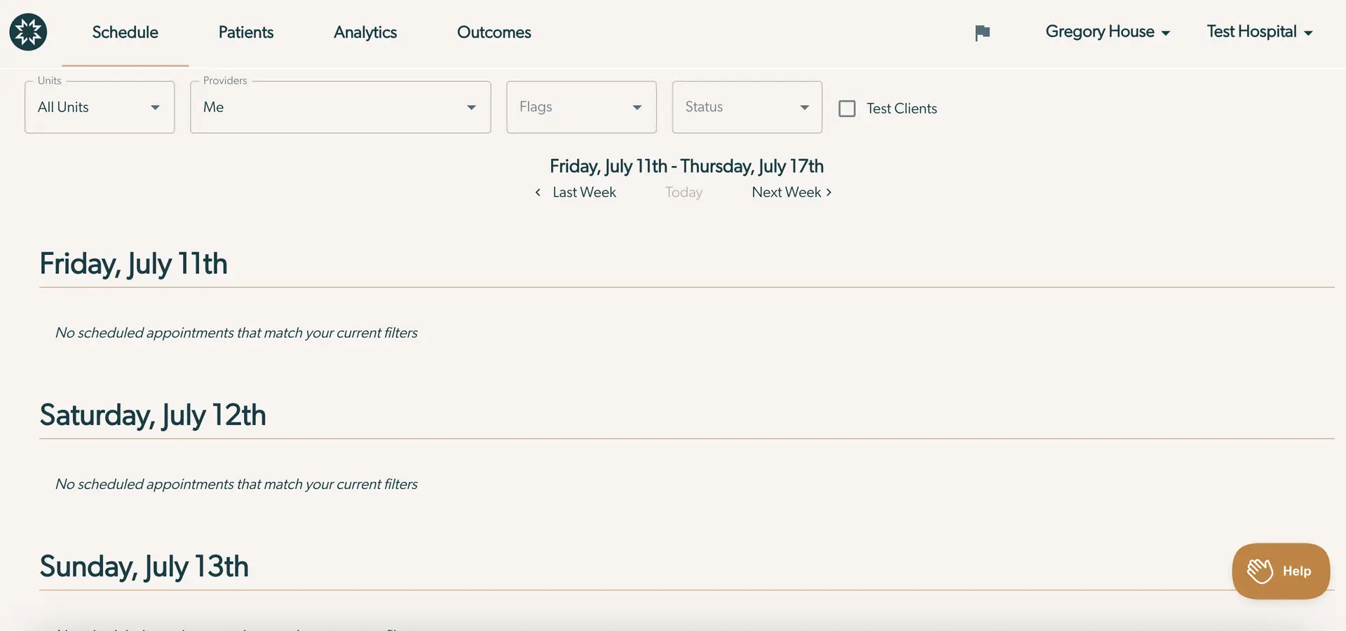 Mirah Schedule View for July 11th to July 17th with no appointments listed