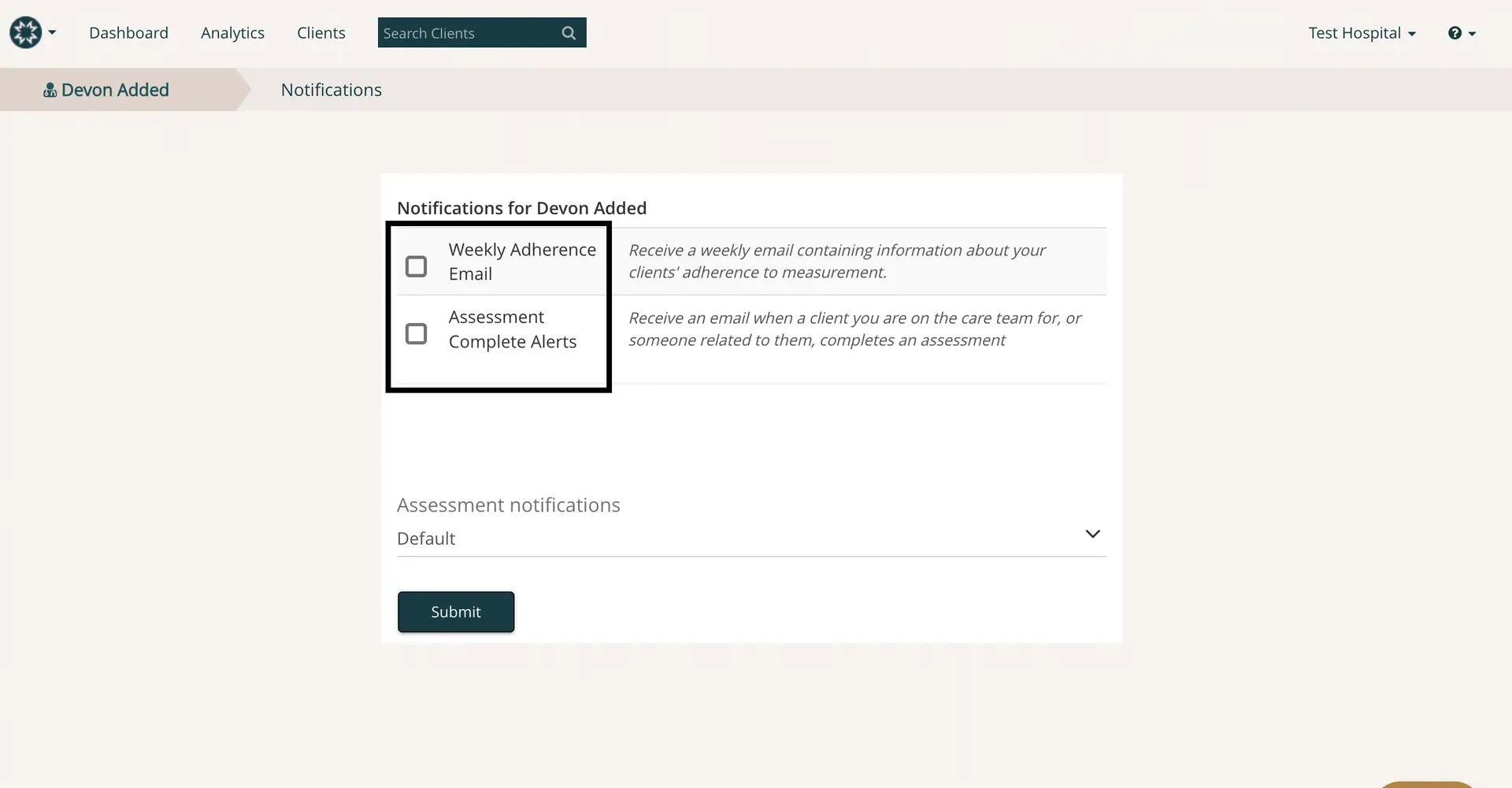 Mirah platform Notifications settings for Devon Added