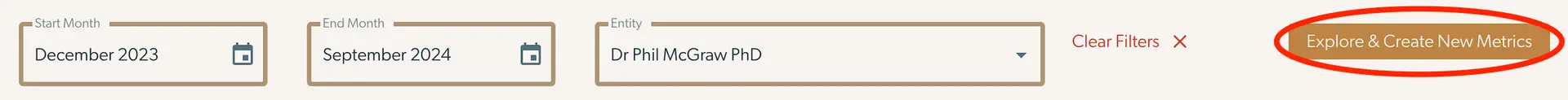 Mirah Reporting Analytics - Outcomes Framework Create a Metric screen showing date range and entity selection with options to clear filters and explore and create new metrics.