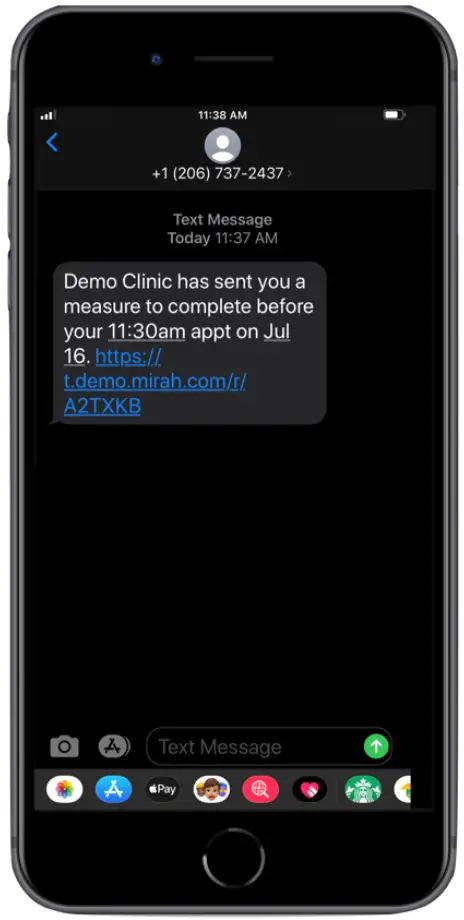 Mirah Patient Interface - Text Message from Demo Clinic