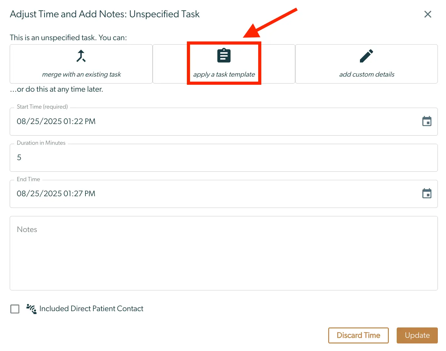 Mirah Collaborative Care Tasks Adjust Time and Add Notes Unspecified Task screen