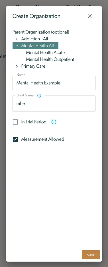 Mirah platform create organization screen showing options for parent organization selection, name entry, trial period, and measurement allowance.