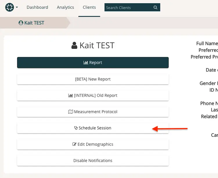 Mirah Clients Kait TEST page with Schedule Session button highlighted