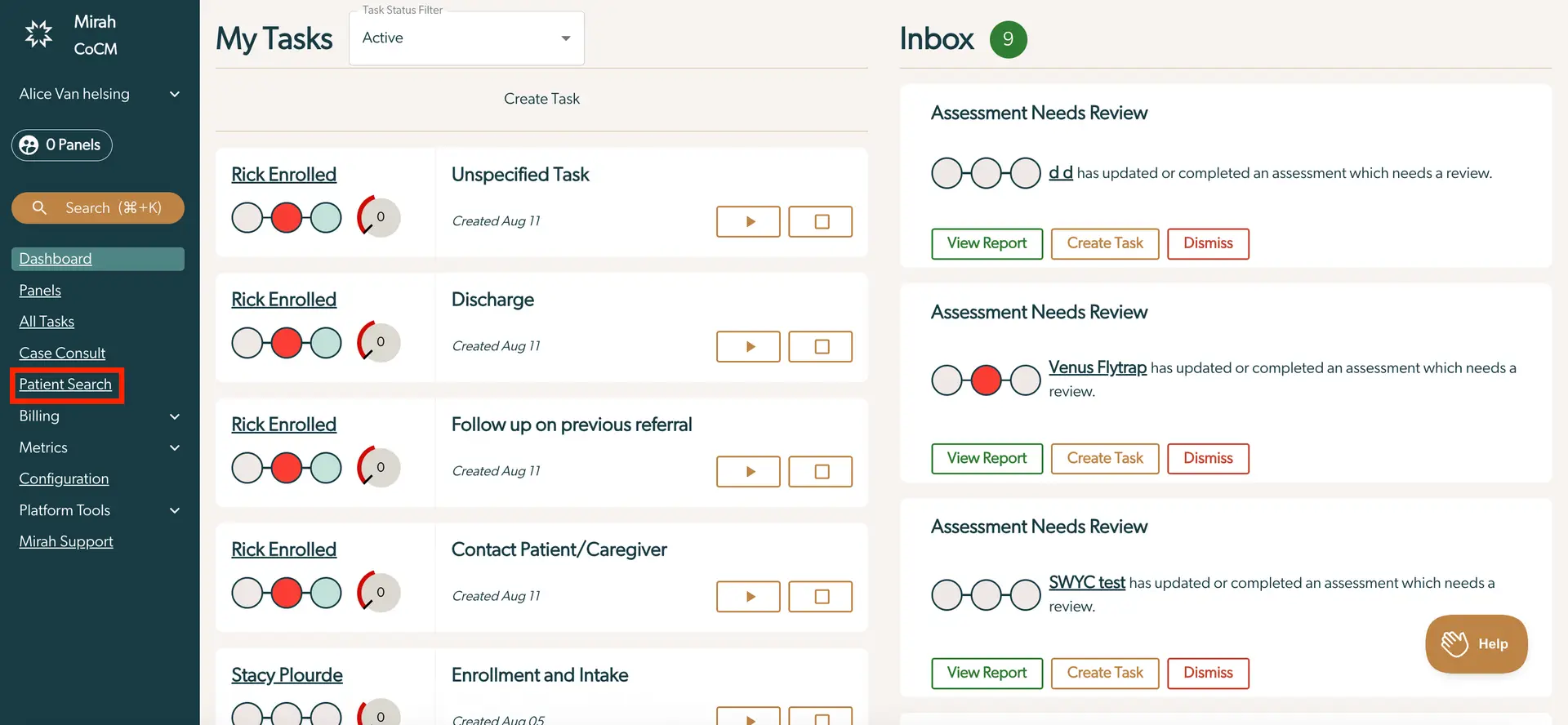 Mirah Collaborative Care Patients Test Patients interface showing My Tasks and Inbox sections with task and assessment management options.