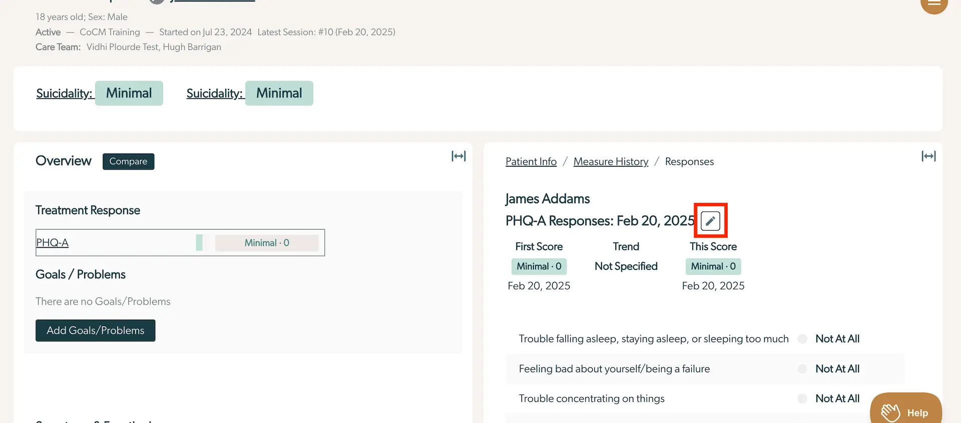 Mirah platform screenshot showing patient measure responses editing interface under Patient Info / Measure History / Responses.