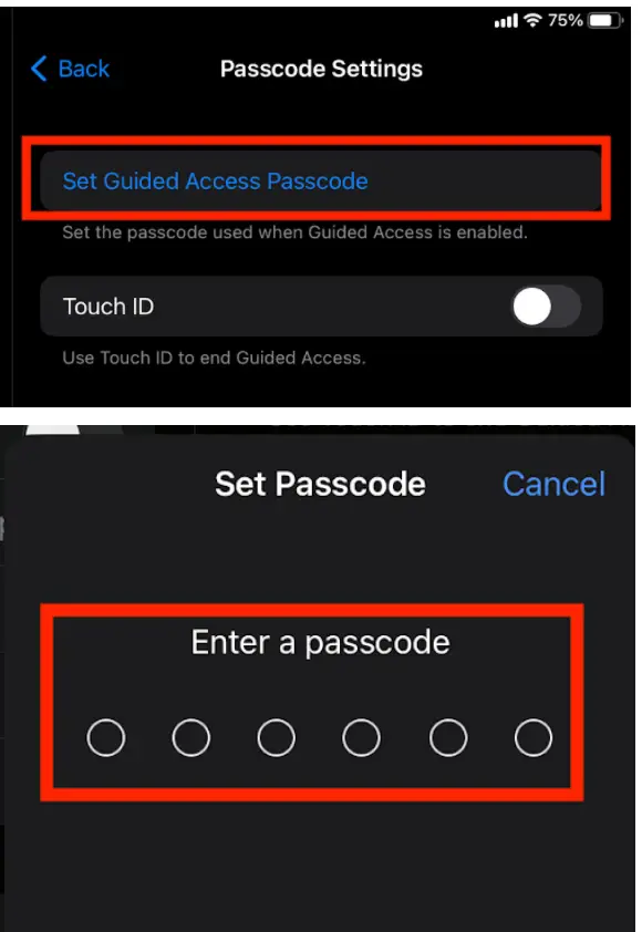 Mirah iPad Passcode Settings screen for setting Guided Access Passcode