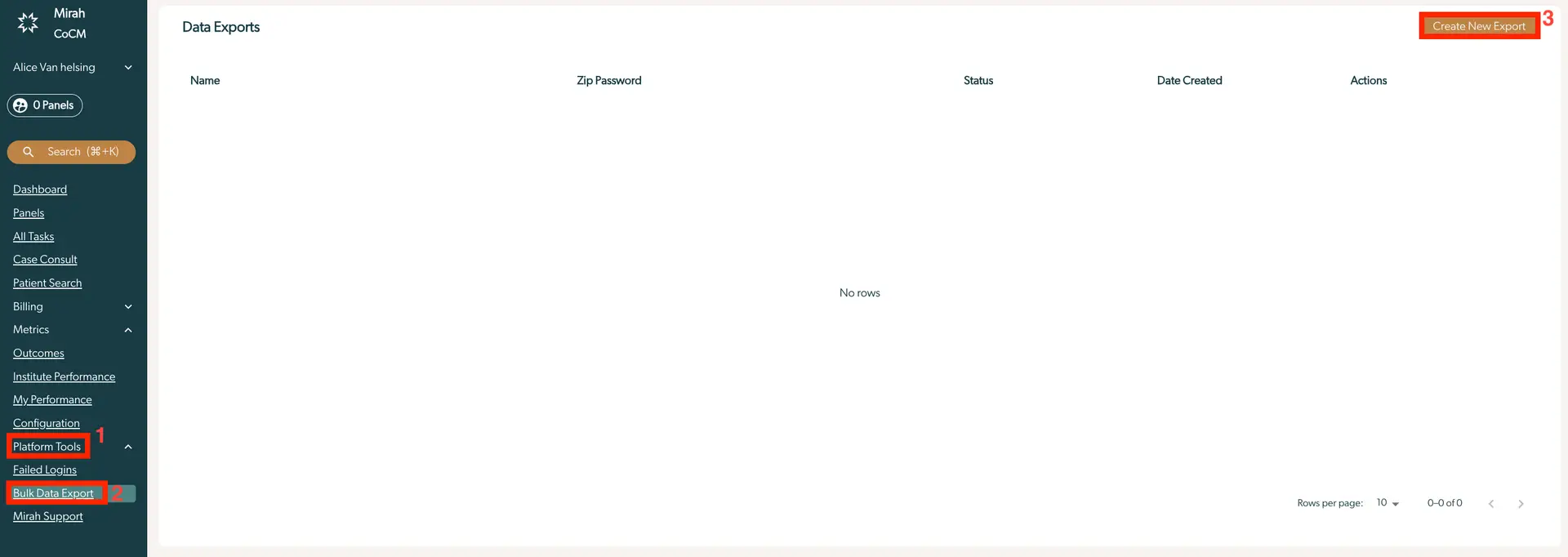 Mirah CoCM Platform Tools Bulk Data Export page showing data exports with no rows and a Create New Export button.