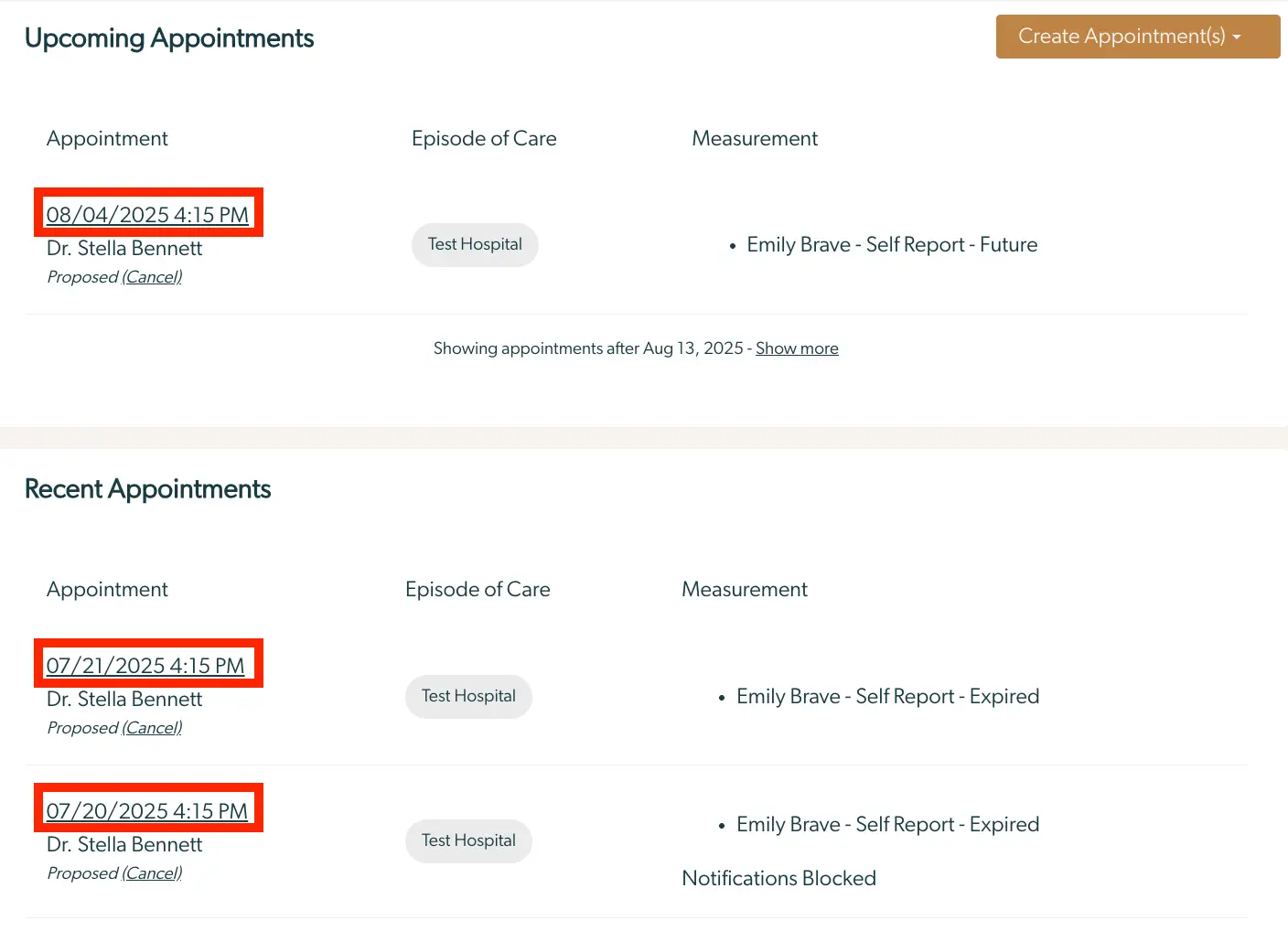 Mirah platform appointment management screen showing upcoming and recent appointments with Dr. Stella Bennett at Test Hospital.