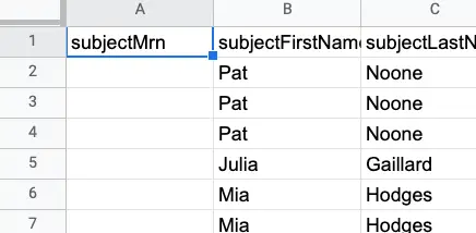 Mirah Data Exports - Bulk Data Download showing columns for subjectMrn, subjectFirstName, and subjectLastName with sample data.