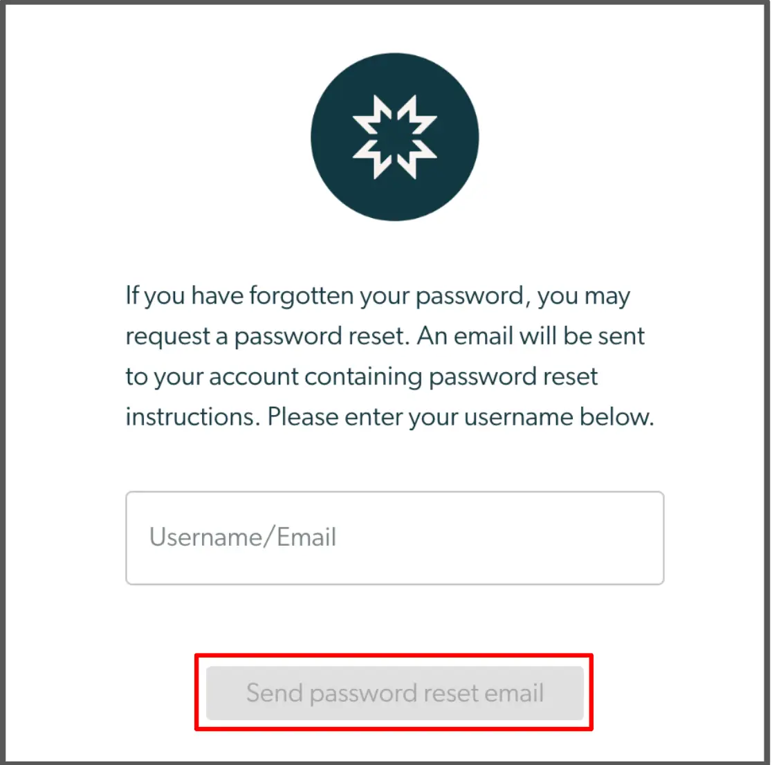 Mirah password reset request screen with instructions, username/email input field, and disabled 'Send password reset email' button.