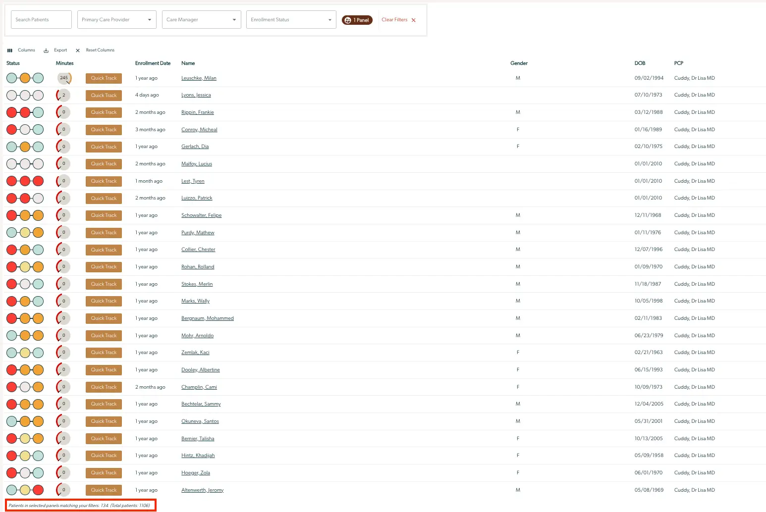 Mirah Collaborative Care Panel - Filtered Patient List