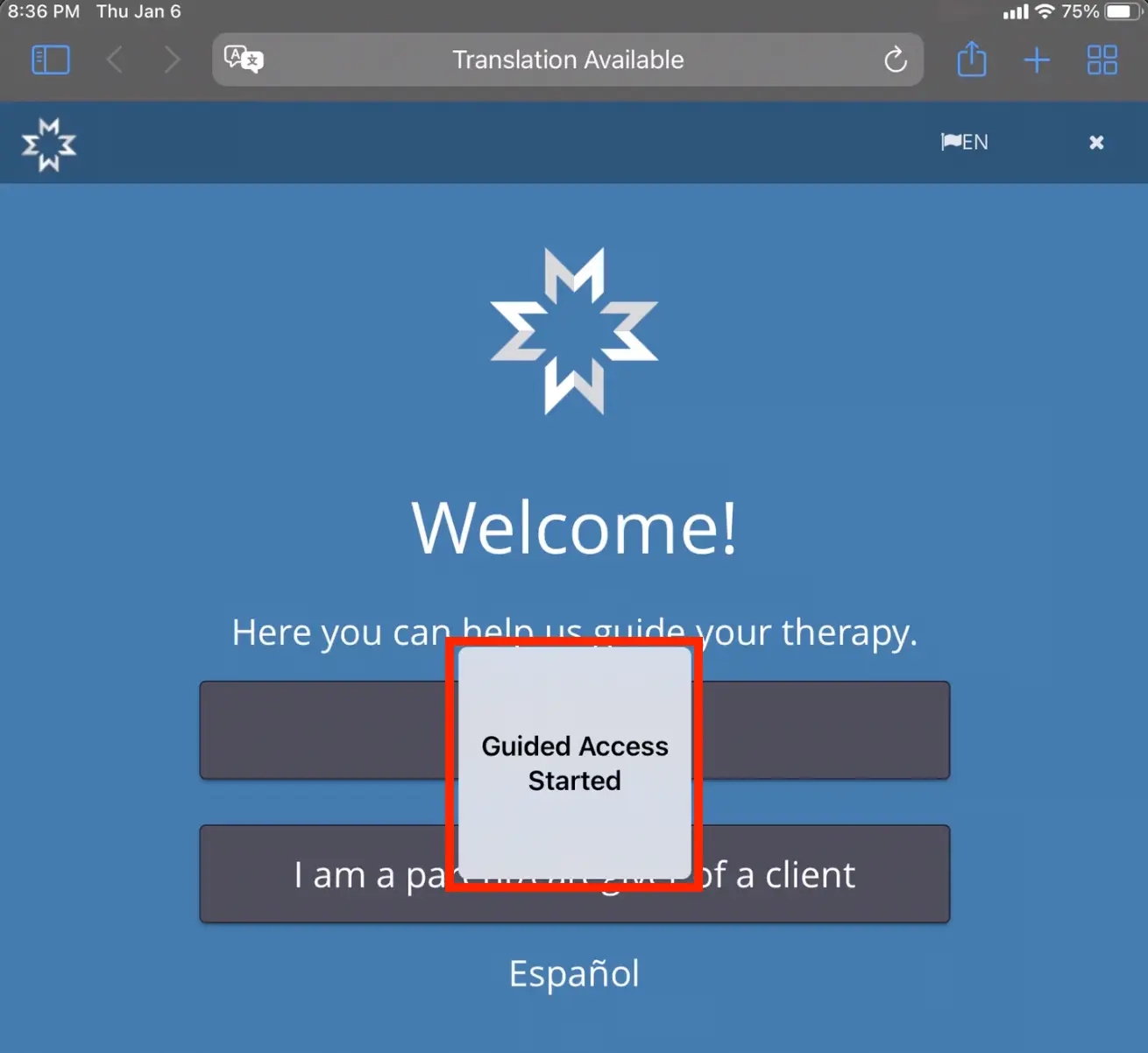 Mirah platform welcome screen on iPad with Guided Access Started highlighted